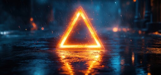 Futuristic Cyberpunk Triangle Glowing Blue and Orange Lights on Reflective Floor in Dark Underground Tunnel Corridor 3D Rendering