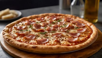 A freshly baked pizza features a golden crust and generous slices of ham elegantly arranged atop melted cheese. The warm ambiance of the restaurant enhances the culinary delight.