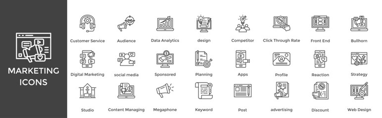 marketing icon set. with icon Customer Service, Audience, Data Analytics, design, Competitor