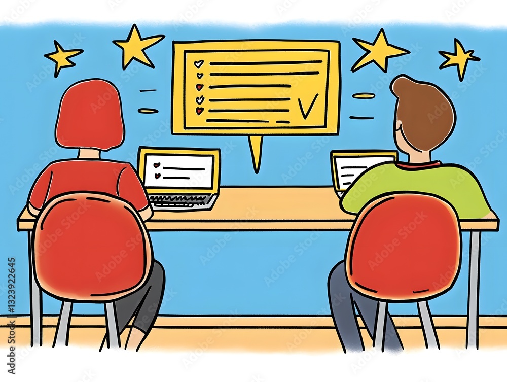 Poster Two individuals engaged in a productive feedback session at a desk with a computer and ample copy space for text