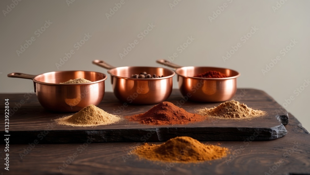 Poster diverse selection of spices displayed in copper bowls on rustic wooden surface during a culinary set