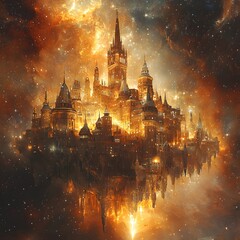 Fototapeta premium A grand castle nestled in the sky surrounded by shimmering spires and a dramatic cosmic landscape in the background