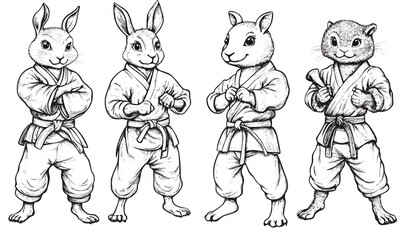 Obraz premium Karate animal characters in martial arts poses, wearing uniforms, linear icons set, vector.