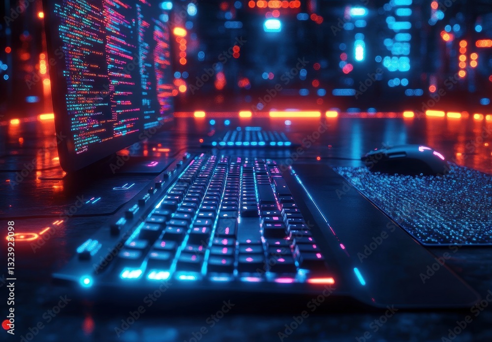 Poster futuristic digital workspace with glowing code and high-tech aesthetic in cyberspace environment