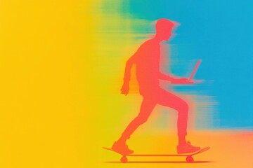 Dynamic young man with laptop riding a skateboard, showcasing a modern lifestyle in vibrant colors of yellow and blue, perfect for creative projects
