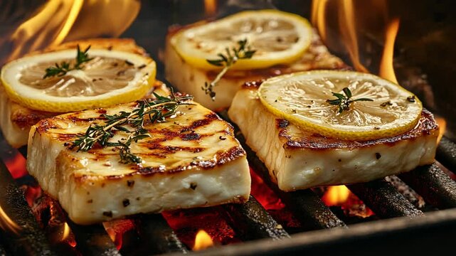 Delicious grilled halloumi cheese with lemon slices and thyme on a flaming grill