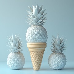 Surreal Minimalist Design Three Textured White Fruits Pineapples Waffle Cone Pastel Blue Background