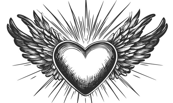 Winged heart with radiating lines in monochrome linear style, icons set vector.