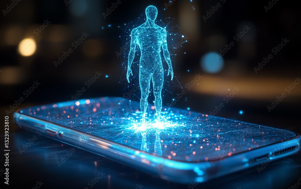 Poster Smartphone with a holographic human figure glowing above the screen, ethereal, with light beams emanating from the phone, creating a cuttingedge, digital environment