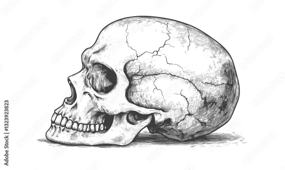 Poster human skull side view illustrations in linear style - icons set vector.
