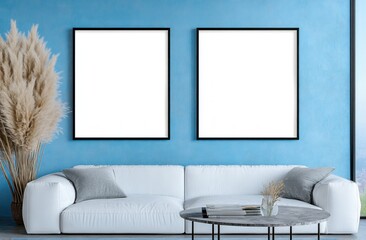 Two blank frames above white sofa in blue room.