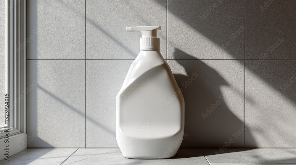 Poster clean and simple: a pristine white liquid soap dispenser, its minimalist design accentuated by the s