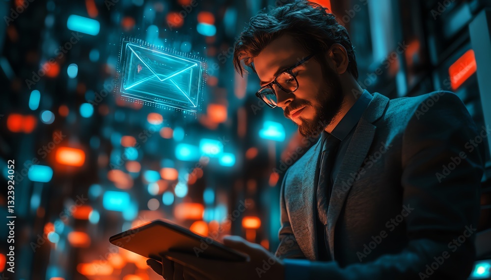 Aufkleber businessman using a tablet with a floating digital email hologram above, glowing neon colors, futuri