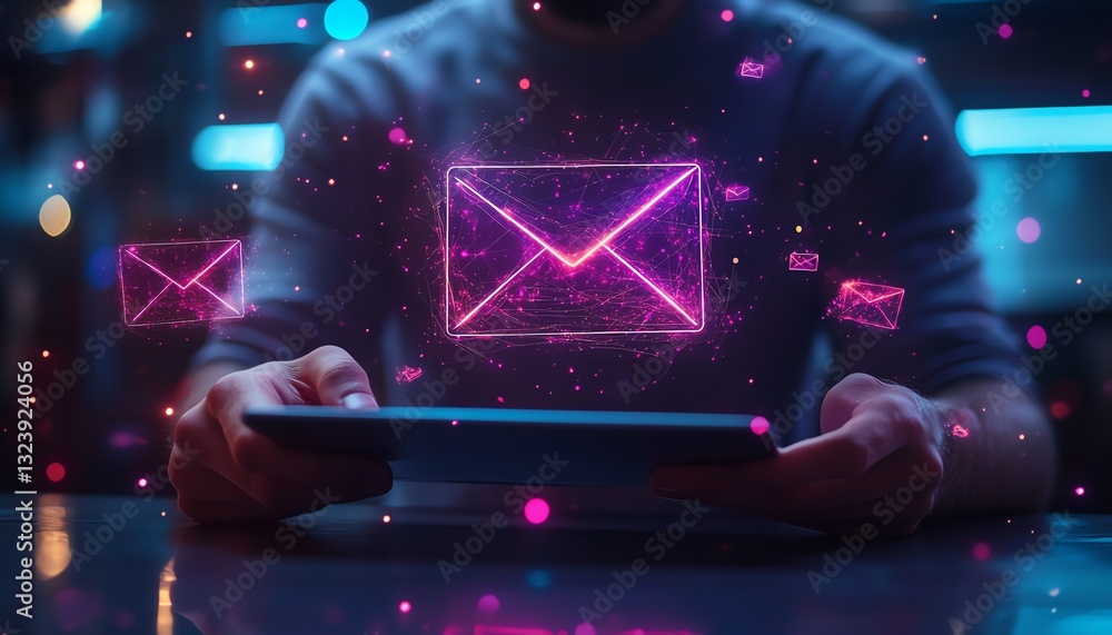 Poster Businessman using a tablet with a floating digital email hologram above, glowing neon colors, futuristic workspace, digital elements, tech atmosphere