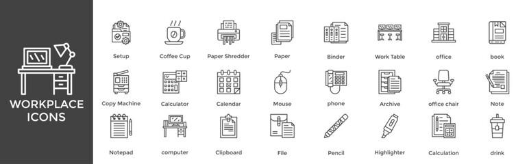 Fototapeta premium workplace icon set. with icon Paper, Binder, Work Table, office, book