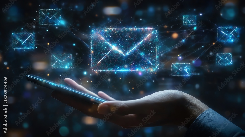 Aufkleber futuristic digital email hologram hovering above a tablet in a businessman s hand, illuminated by bl