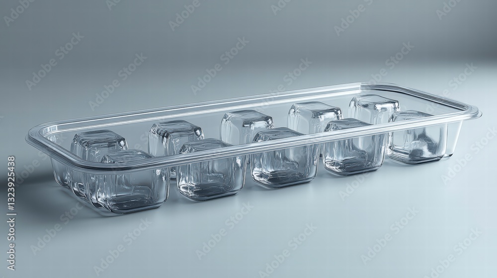 Poster ice cube tray: an empty ice cube tray, expertly molded from clear plastic, captures the essence of s