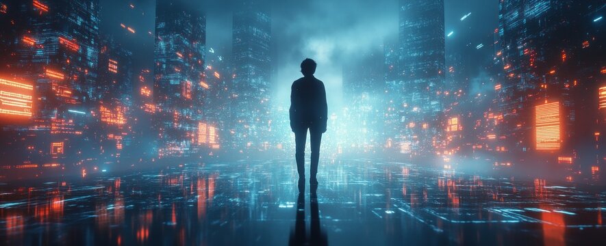 Futuristic Digital Art of a Woman with Smartphone in Cyberpunk Cityscape with Wireless Technology and Geometric Overlays - Powered by Adobe