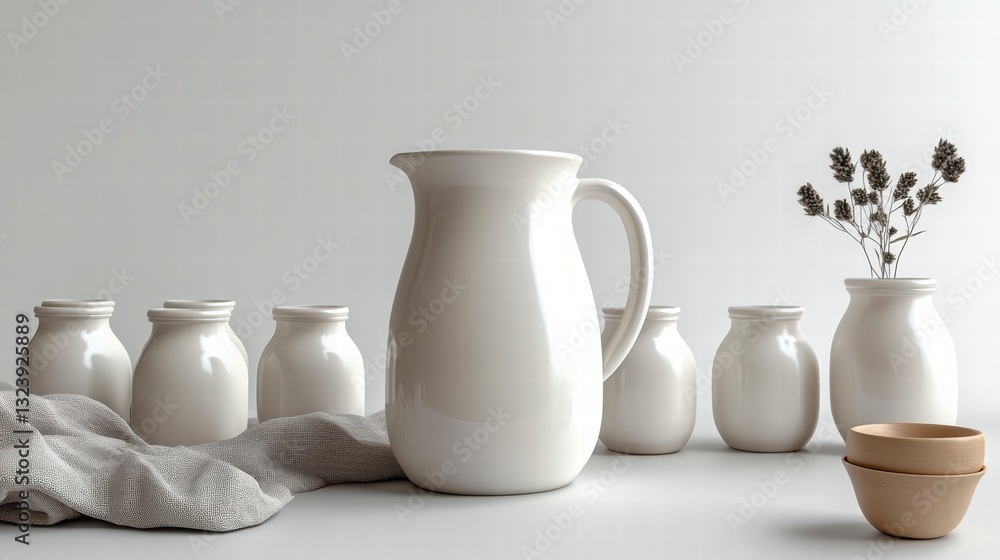 Poster minimalist pottery arrangement: a collection of pristine, white pottery items arranged with understa