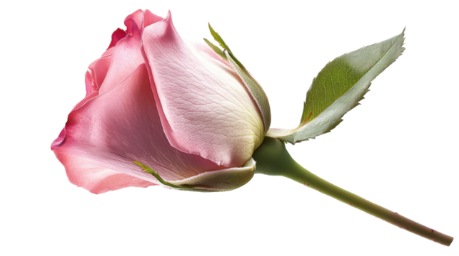 "A rose bud beginning to open, isolated on transparent background, with soft pink petals peeking out from the tightly closed bud. - Powered by Adobe