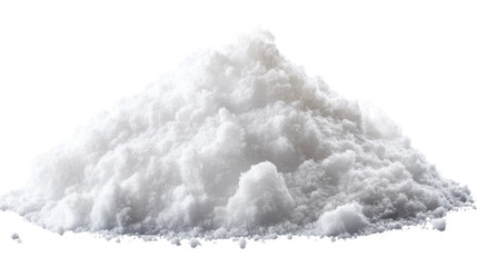 A realistic pile of soft, fluffy white snow, cut out and isolated on a transparent background, with fine details of snowflakes visible on the surface.