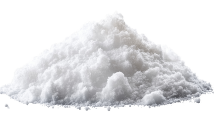 A realistic pile of soft, fluffy white snow, cut out and isolated on a transparent background, with fine details of snowflakes visible on the surface.