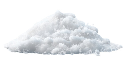 A realistic pile of soft, fluffy white snow, cut out and isolated on a transparent background, with fine details of snowflakes visible on the surface.