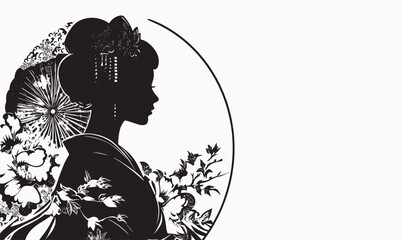 Traditional japanese geisha silhouette with floral elements, flat vector icons set.