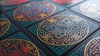 machine learning deep learning optimization concept. Abstract circuit patterns with colorful designs on a dark background.