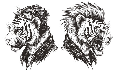 Obraz premium Set of punk tiger heads with spikes and mohawk hairstyles, vector icons set, linear style.