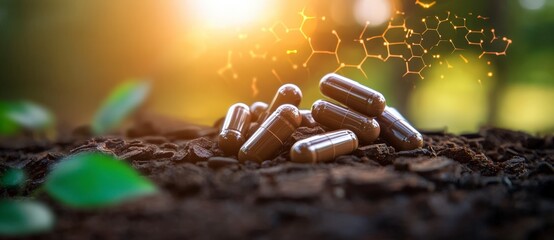 Brown capsules arranged artistically on earthy soil with nature backdrop and abstract molecular graphics in warm sunlight glow