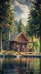 Serene lakeside cabin surrounded by tall trees