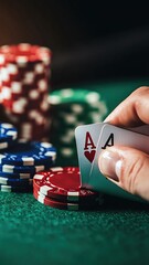 A realistic close-up of folded hands resting on a poker table. The hands are positioned near a stack of poker chips and a set of playing cards. The setting is a dimly lit casino or poker room with a g