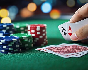 A realistic close-up of folded hands resting on a poker table. The hands are positioned near a stack of poker chips and a set of playing cards. The setting is a dimly lit casino or poker room with a g