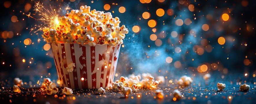 Popcorn and American Flag Celebration for Independence Day with Sparklers in a Warm Background