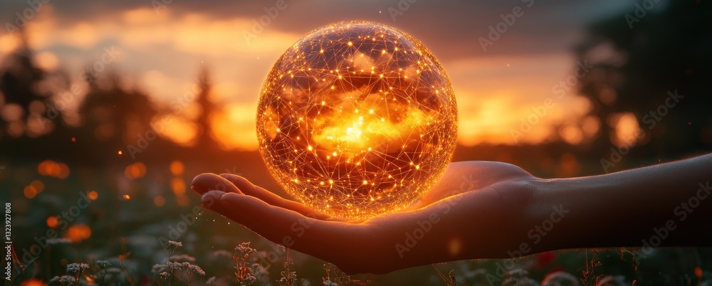 Poster hands holding glowing golden orb network data connection digital marketing social media technology c