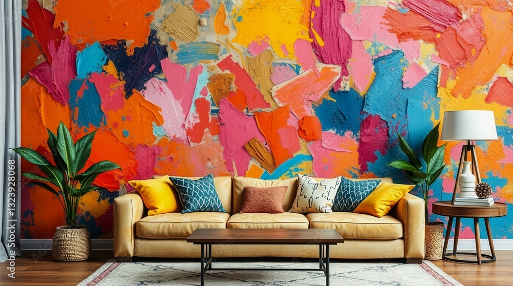 Poster a colorful wall with a couch and a coffee table in front of it. the couch is yellow and has pillows 