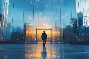 silhouette of a person walking towards the glass doors of a building.