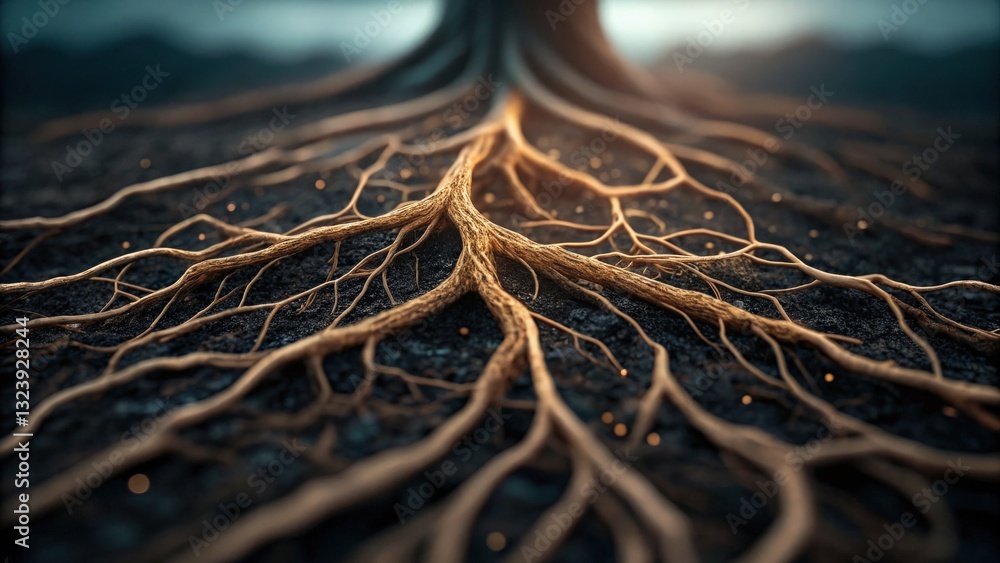 Poster machine learning deep learning optimization concept. intricate tree roots emerging from rich soil.