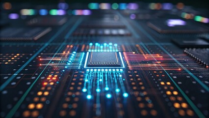 Fototapeta premium machine learning deep learning optimization concept. Futuristic circuit board with glowing electronic components.