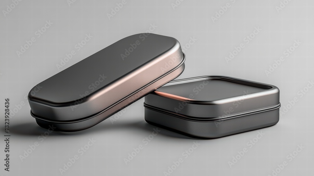 Poster minimalist metallic boxes: elegant still-life of two metallic boxes, one rectangular and one square,