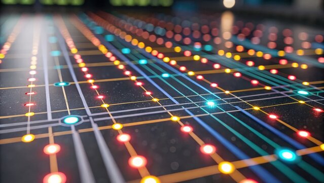 machine learning deep learning optimization concept. Colorful light patterns on a dark surface with grid lines.