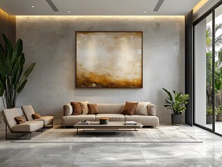 A minimalistic living room featuring a comfortable couch and a large painting creating a stylish and modern atmosphere