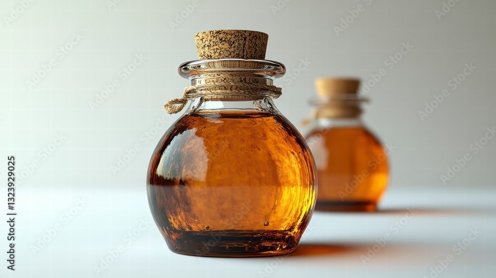 Aufkleber bottles of golden liquid: the image showcases two charming, antique-style bottles. filled with a gol