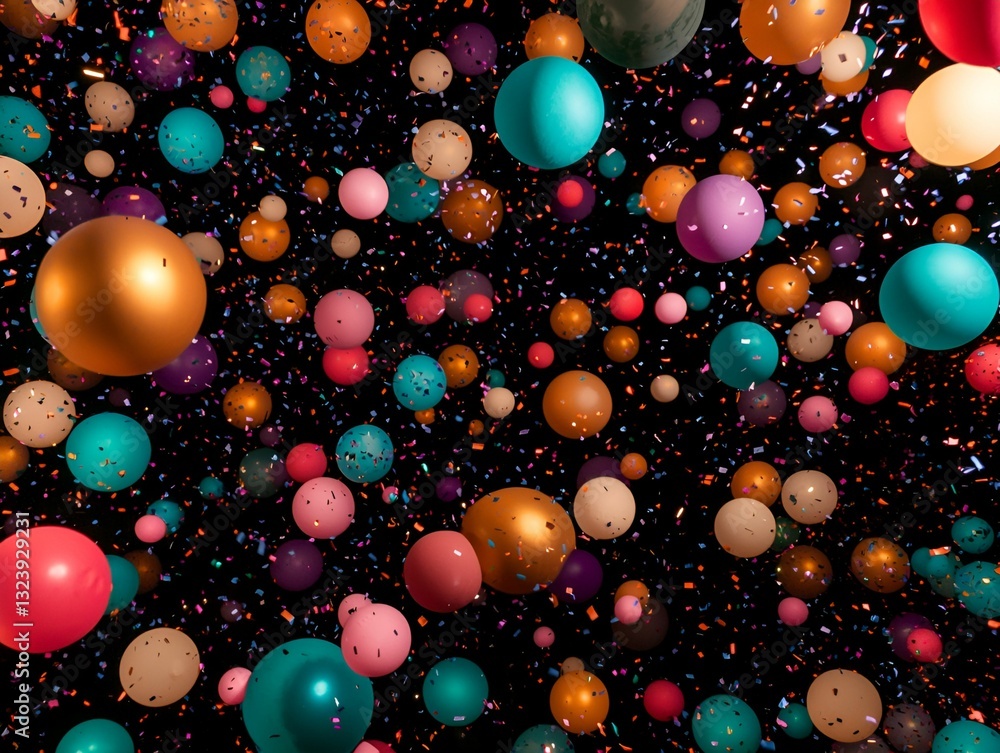 Poster a vibrant array of colorful spheres floating against a dark background, creating a whimsical and fes
