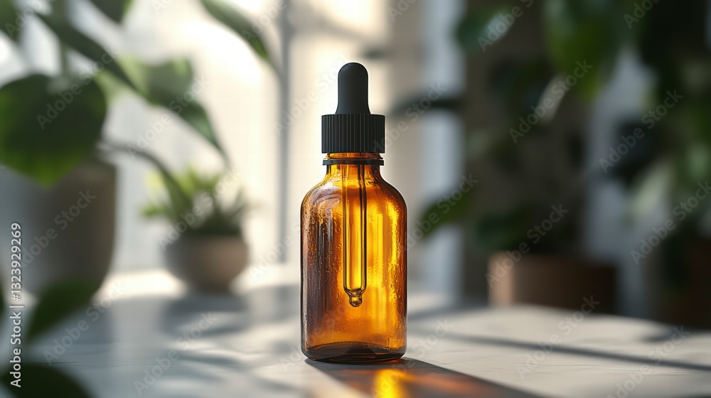 Poster botanical bliss: the image captures a close-up view of an amber-colored dropper bottle, exquisitely 