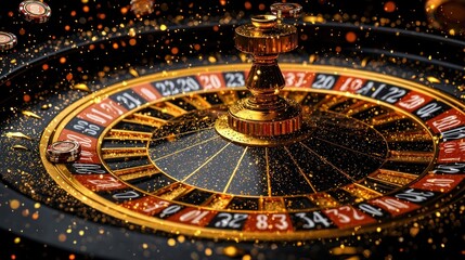 Captivating Casino Roulette Wheel with Golden Accents and Glittering Particles