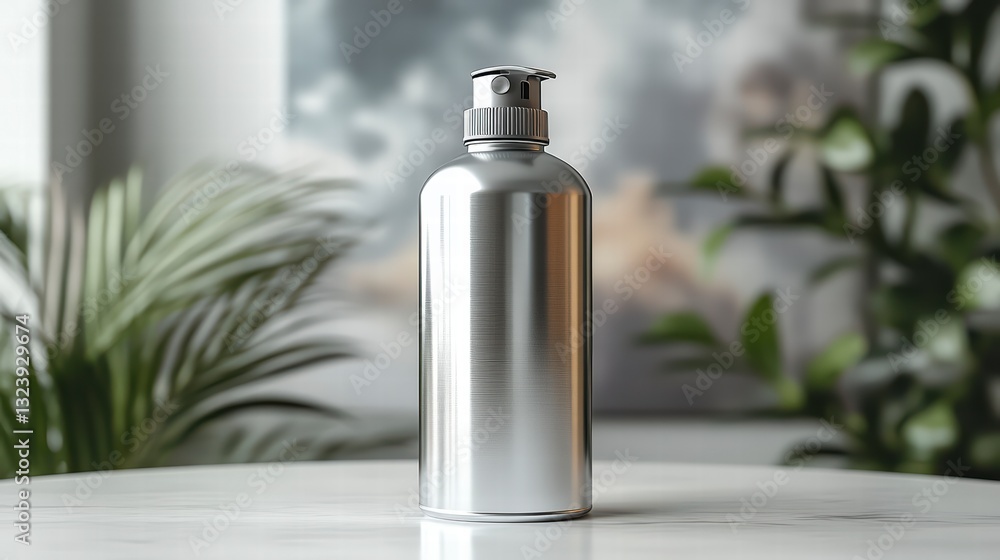 Poster metallic bottle on the table: sleek metallic bottle sits on a clean surface. green leaves and other 