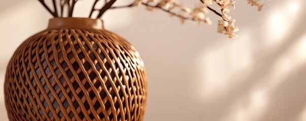 Obraz premium Decorative woven vase with flowers creates an aesthetic composition for home