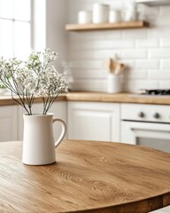 Elegant Kitchen Interior with Minimalist Decor and Fresh Flowers in White Vase on Natural Wood Table